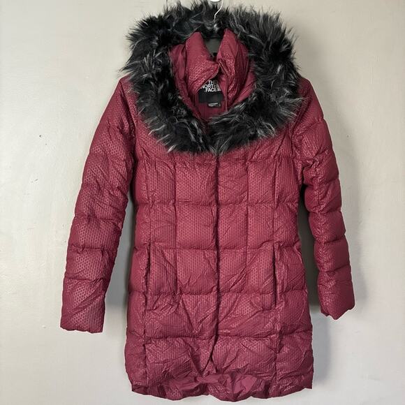 THE NORTH FACE fur hooded down parkina in deep red burgundy size S - Picture 3 of 16